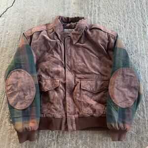 VINTAGE 90S BROWN SUEDE LEATHER BOMBER JACKET PLAID SLEEVES UNQIUE MENS LARGE